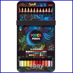 Uni Posca Pencil Assorted Set of 36 New 36 Colored Pencil Pack with Tin Case